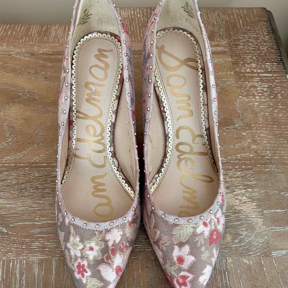 Sam Edelman Taupe Heels with Pink Floral Design
